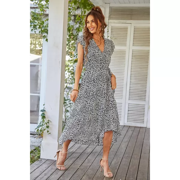 imagePRETTYGARDEN Womens 2023 Floral Boho Dress Wrap V Neck Short Sleeve Belted Ruffle Hem ALine Flowy Maxi DressesBlack