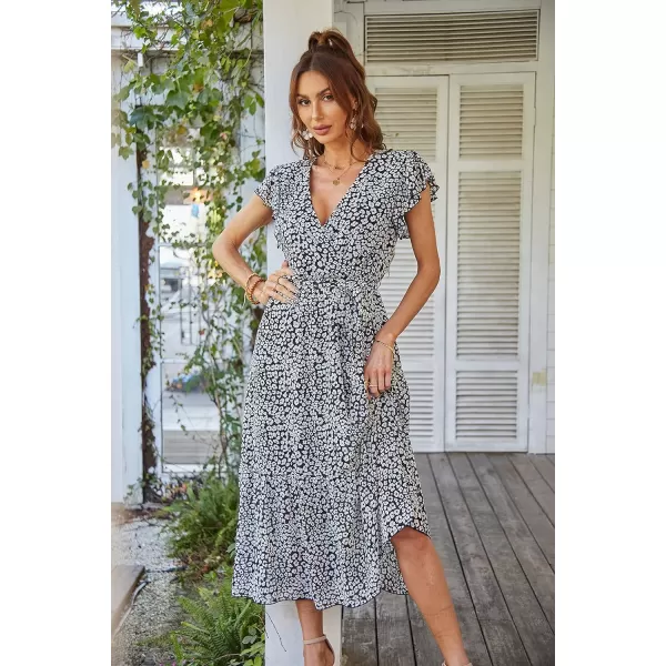 imagePRETTYGARDEN Womens 2023 Floral Boho Dress Wrap V Neck Short Sleeve Belted Ruffle Hem ALine Flowy Maxi DressesBlack