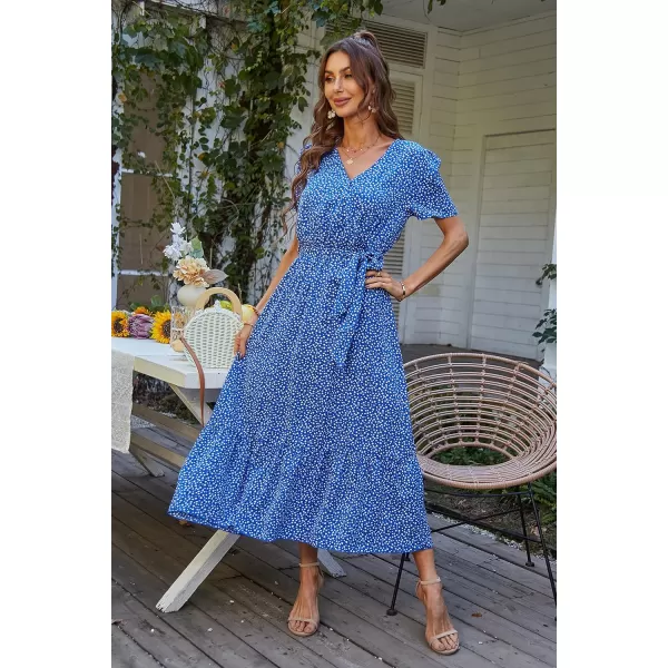 imagePRETTYGARDEN Womens 2023 Floral Boho Dress Wrap V Neck Short Sleeve Belted Ruffle Hem ALine Flowy Maxi DressesBlue Floral