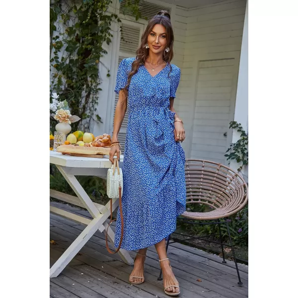 imagePRETTYGARDEN Womens 2023 Floral Boho Dress Wrap V Neck Short Sleeve Belted Ruffle Hem ALine Flowy Maxi DressesBlue Floral