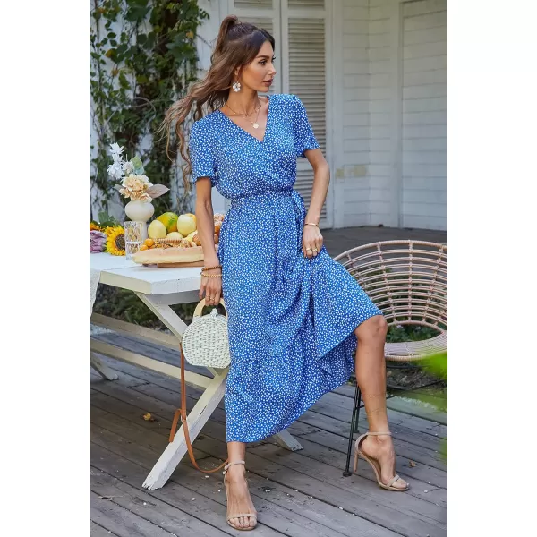imagePRETTYGARDEN Womens 2023 Floral Boho Dress Wrap V Neck Short Sleeve Belted Ruffle Hem ALine Flowy Maxi DressesBlue Floral