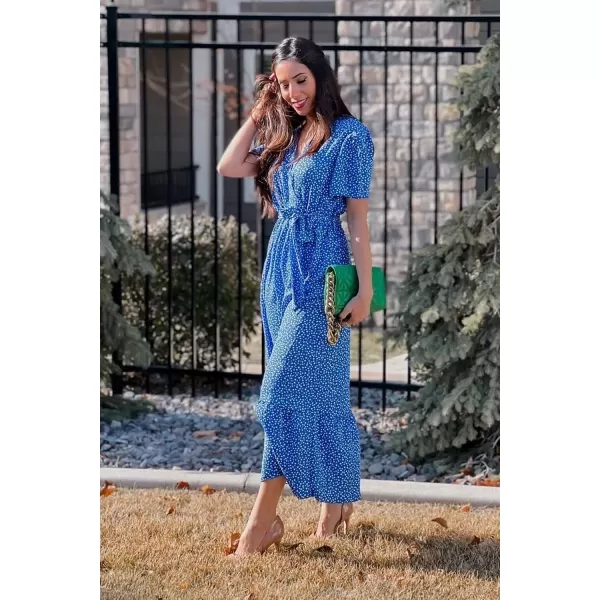 imagePRETTYGARDEN Womens 2023 Floral Boho Dress Wrap V Neck Short Sleeve Belted Ruffle Hem ALine Flowy Maxi DressesBlue Floral