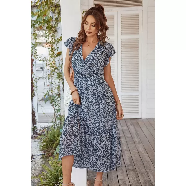 imagePRETTYGARDEN Womens 2023 Floral Boho Dress Wrap V Neck Short Sleeve Belted Ruffle Hem ALine Flowy Maxi DressesBlue01