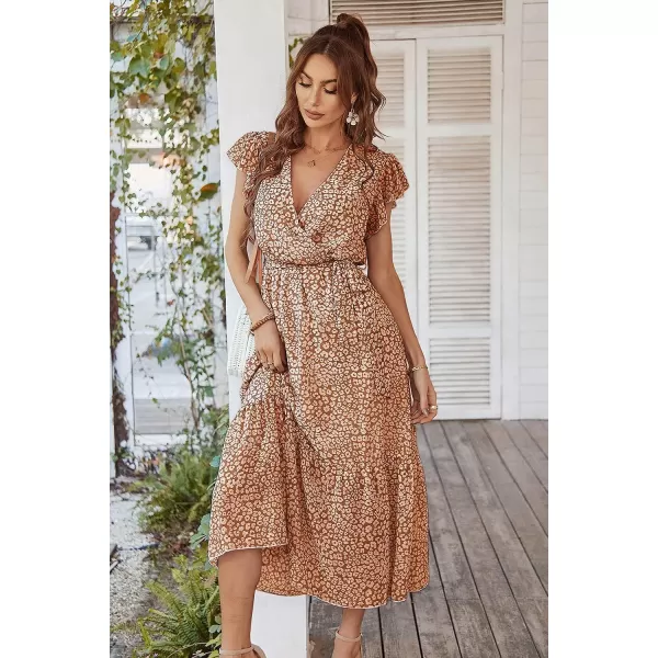 imagePRETTYGARDEN Womens 2023 Floral Boho Dress Wrap V Neck Short Sleeve Belted Ruffle Hem ALine Flowy Maxi DressesCoffee