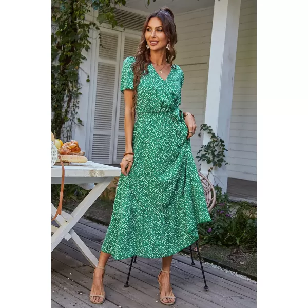 imagePRETTYGARDEN Womens 2023 Floral Boho Dress Wrap V Neck Short Sleeve Belted Ruffle Hem ALine Flowy Maxi DressesGreen Floral