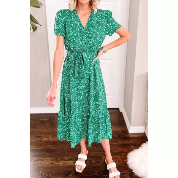imagePRETTYGARDEN Womens 2023 Floral Boho Dress Wrap V Neck Short Sleeve Belted Ruffle Hem ALine Flowy Maxi DressesGreen Floral
