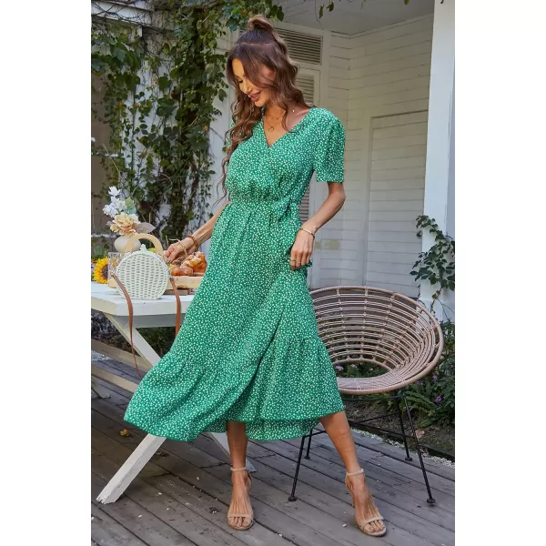 imagePRETTYGARDEN Womens 2023 Floral Boho Dress Wrap V Neck Short Sleeve Belted Ruffle Hem ALine Flowy Maxi DressesGreen Floral