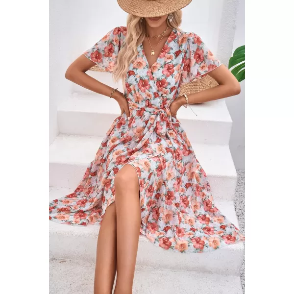 imagePRETTYGARDEN Womens 2023 Floral Boho Dress Wrap V Neck Short Sleeve Belted Ruffle Hem ALine Flowy Maxi DressesGreen Pink Floral