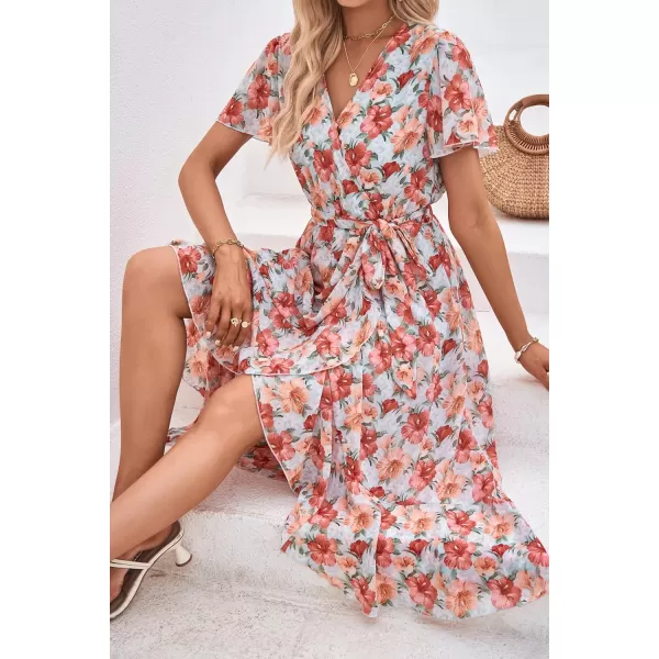 imagePRETTYGARDEN Womens 2023 Floral Boho Dress Wrap V Neck Short Sleeve Belted Ruffle Hem ALine Flowy Maxi DressesGreen Pink Floral