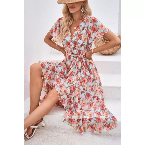 imagePRETTYGARDEN Womens 2023 Floral Boho Dress Wrap V Neck Short Sleeve Belted Ruffle Hem ALine Flowy Maxi DressesGreen Pink Floral