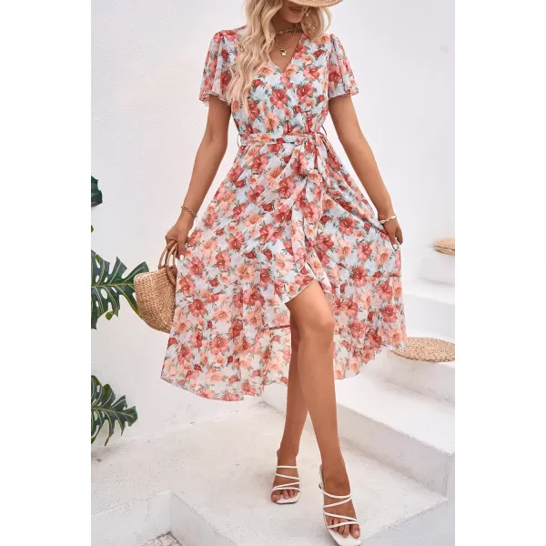 imagePRETTYGARDEN Womens 2023 Floral Boho Dress Wrap V Neck Short Sleeve Belted Ruffle Hem ALine Flowy Maxi DressesGreen Pink Floral
