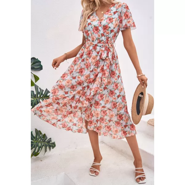 imagePRETTYGARDEN Womens 2023 Floral Boho Dress Wrap V Neck Short Sleeve Belted Ruffle Hem ALine Flowy Maxi DressesGreen Pink Floral