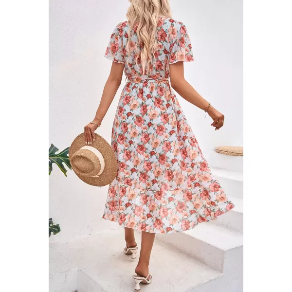 imagePRETTYGARDEN Womens 2023 Floral Boho Dress Wrap V Neck Short Sleeve Belted Ruffle Hem ALine Flowy Maxi DressesGreen Pink Floral