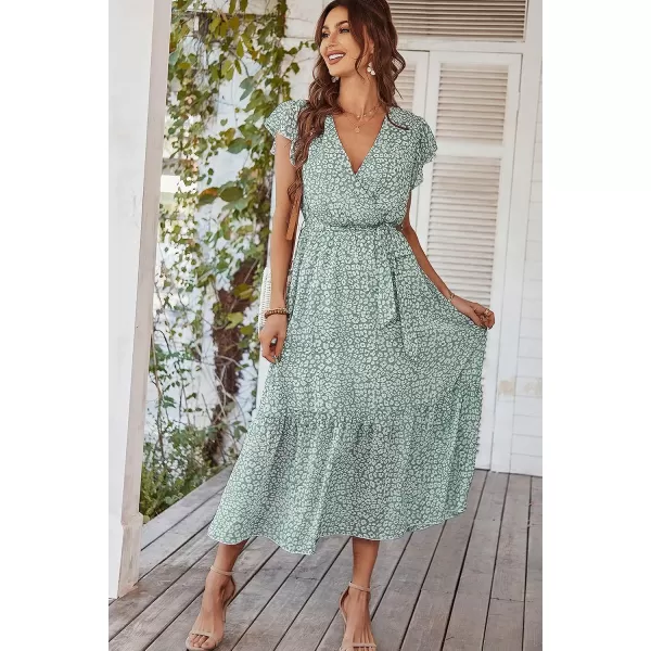 imagePRETTYGARDEN Womens 2023 Floral Boho Dress Wrap V Neck Short Sleeve Belted Ruffle Hem ALine Flowy Maxi DressesGreen01