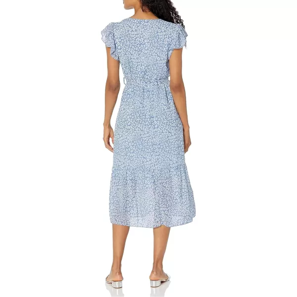 imagePRETTYGARDEN Womens 2023 Floral Boho Dress Wrap V Neck Short Sleeve Belted Ruffle Hem ALine Flowy Maxi DressesLight Blue