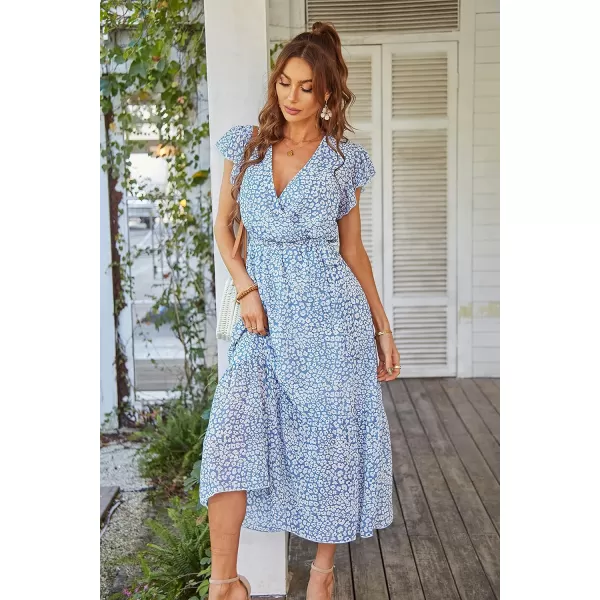 imagePRETTYGARDEN Womens 2023 Floral Boho Dress Wrap V Neck Short Sleeve Belted Ruffle Hem ALine Flowy Maxi DressesLight Blue