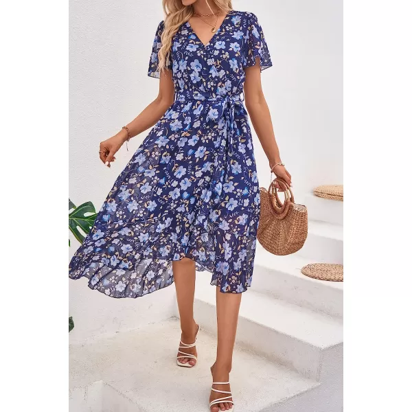 imagePRETTYGARDEN Womens 2023 Floral Boho Dress Wrap V Neck Short Sleeve Belted Ruffle Hem ALine Flowy Maxi DressesNavy White Floral