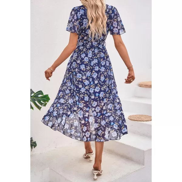 imagePRETTYGARDEN Womens 2023 Floral Boho Dress Wrap V Neck Short Sleeve Belted Ruffle Hem ALine Flowy Maxi DressesNavy White Floral