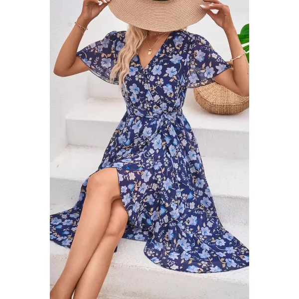 imagePRETTYGARDEN Womens 2023 Floral Boho Dress Wrap V Neck Short Sleeve Belted Ruffle Hem ALine Flowy Maxi DressesNavy White Floral