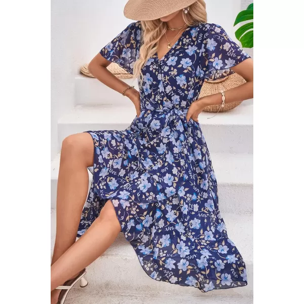 imagePRETTYGARDEN Womens 2023 Floral Boho Dress Wrap V Neck Short Sleeve Belted Ruffle Hem ALine Flowy Maxi DressesNavy White Floral