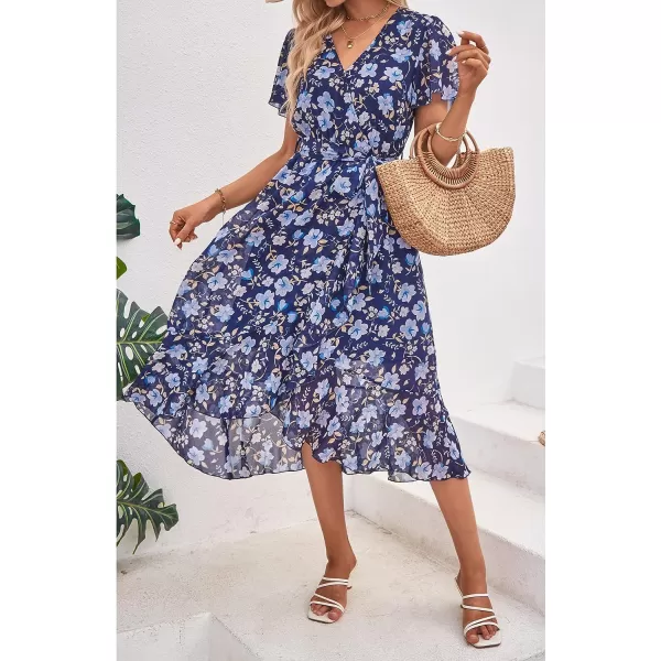 imagePRETTYGARDEN Womens 2023 Floral Boho Dress Wrap V Neck Short Sleeve Belted Ruffle Hem ALine Flowy Maxi DressesNavy White Floral