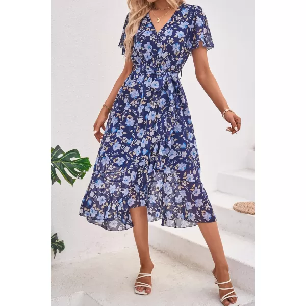 imagePRETTYGARDEN Womens 2023 Floral Boho Dress Wrap V Neck Short Sleeve Belted Ruffle Hem ALine Flowy Maxi DressesNavy White Floral