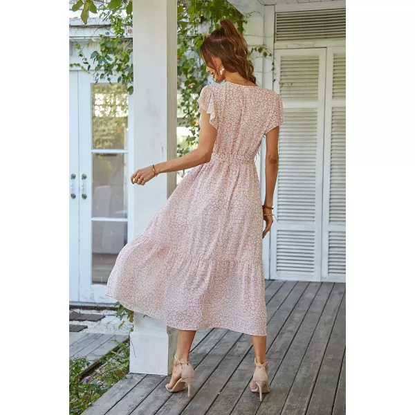 imagePRETTYGARDEN Womens 2023 Floral Boho Dress Wrap V Neck Short Sleeve Belted Ruffle Hem ALine Flowy Maxi DressesPink