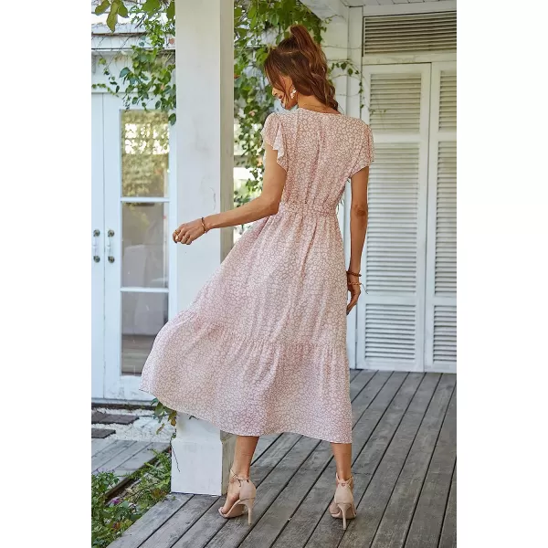 imagePRETTYGARDEN Womens 2023 Floral Boho Dress Wrap V Neck Short Sleeve Belted Ruffle Hem ALine Flowy Maxi DressesPink