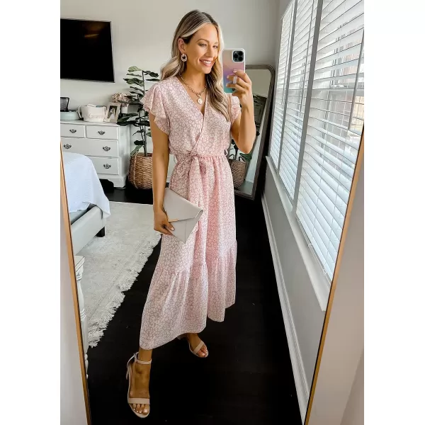 imagePRETTYGARDEN Womens 2023 Floral Boho Dress Wrap V Neck Short Sleeve Belted Ruffle Hem ALine Flowy Maxi DressesPink