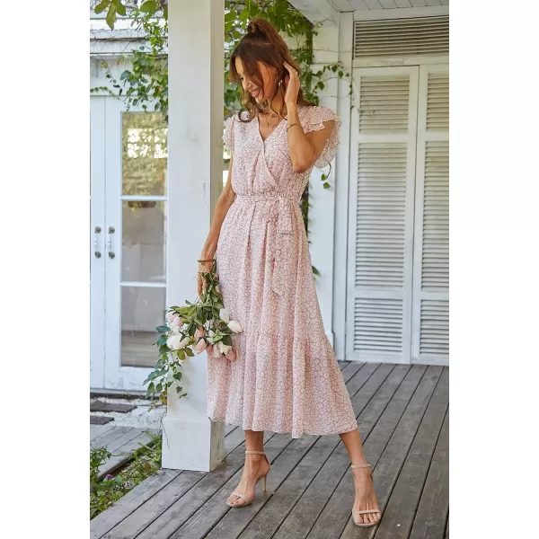 imagePRETTYGARDEN Womens 2023 Floral Boho Dress Wrap V Neck Short Sleeve Belted Ruffle Hem ALine Flowy Maxi DressesPink