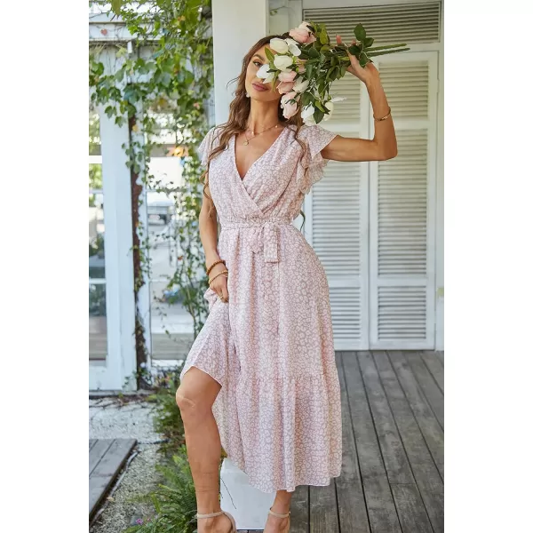 imagePRETTYGARDEN Womens 2023 Floral Boho Dress Wrap V Neck Short Sleeve Belted Ruffle Hem ALine Flowy Maxi DressesPink