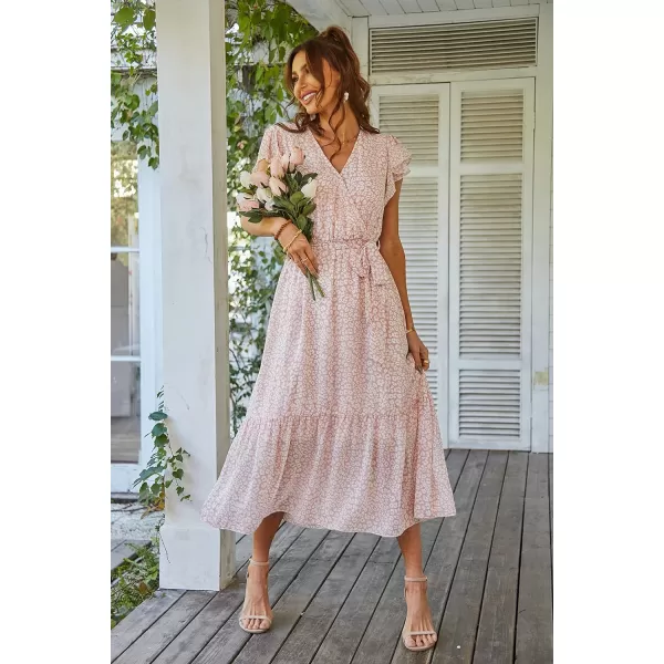 imagePRETTYGARDEN Womens 2023 Floral Boho Dress Wrap V Neck Short Sleeve Belted Ruffle Hem ALine Flowy Maxi DressesPink