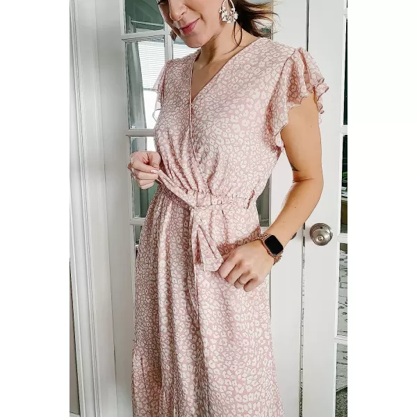 imagePRETTYGARDEN Womens 2023 Floral Boho Dress Wrap V Neck Short Sleeve Belted Ruffle Hem ALine Flowy Maxi DressesPink