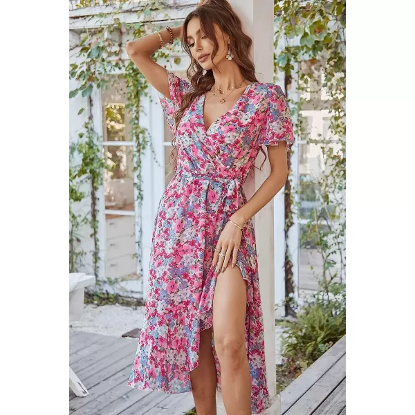 imagePRETTYGARDEN Womens 2023 Floral Boho Dress Wrap V Neck Short Sleeve Belted Ruffle Hem ALine Flowy Maxi DressesPink Floral