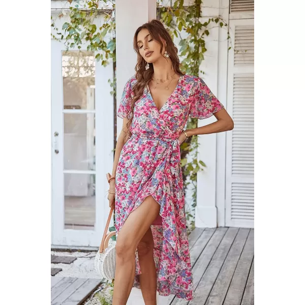 imagePRETTYGARDEN Womens 2023 Floral Boho Dress Wrap V Neck Short Sleeve Belted Ruffle Hem ALine Flowy Maxi DressesPink Floral