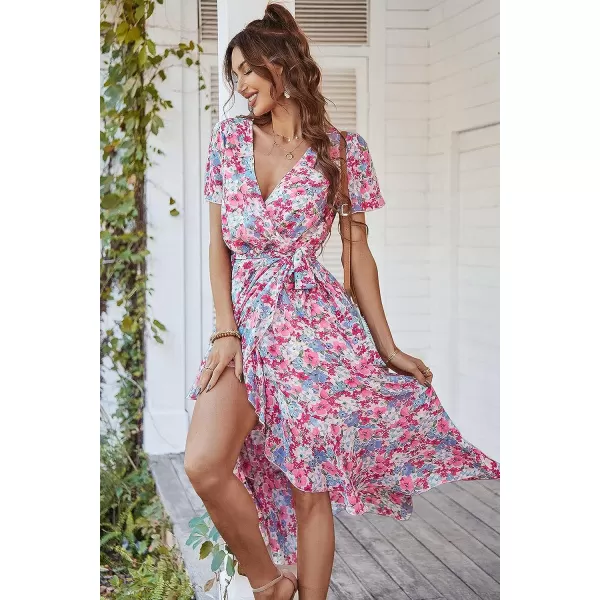 imagePRETTYGARDEN Womens 2023 Floral Boho Dress Wrap V Neck Short Sleeve Belted Ruffle Hem ALine Flowy Maxi DressesPink Floral