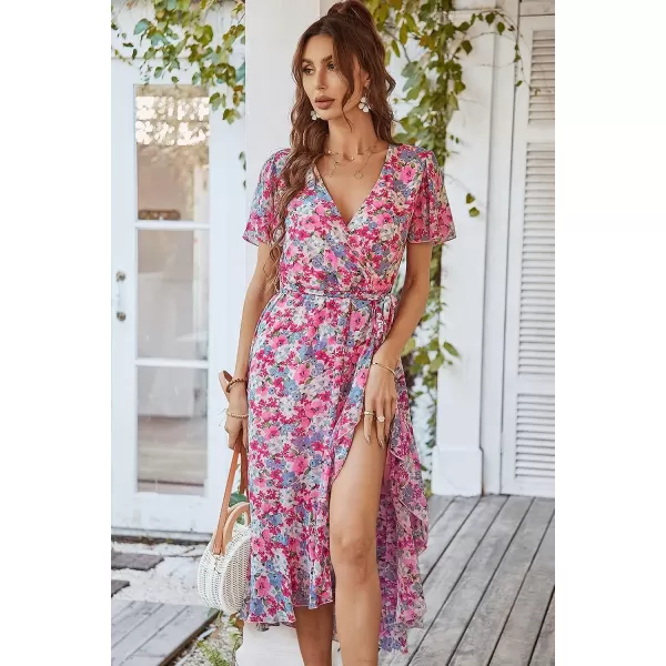 imagePRETTYGARDEN Womens 2023 Floral Boho Dress Wrap V Neck Short Sleeve Belted Ruffle Hem ALine Flowy Maxi DressesPink Floral