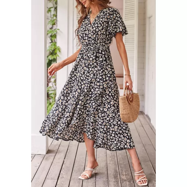 imagePRETTYGARDEN Womens 2023 Floral Boho Dress Wrap V Neck Short Sleeve Belted Ruffle Hem ALine Flowy Maxi DressesPrint Black