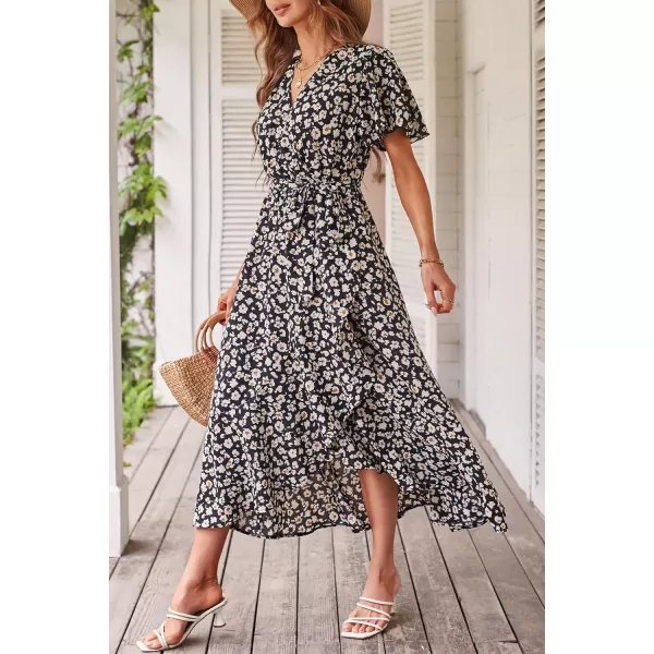 imagePRETTYGARDEN Womens 2023 Floral Boho Dress Wrap V Neck Short Sleeve Belted Ruffle Hem ALine Flowy Maxi DressesPrint Black
