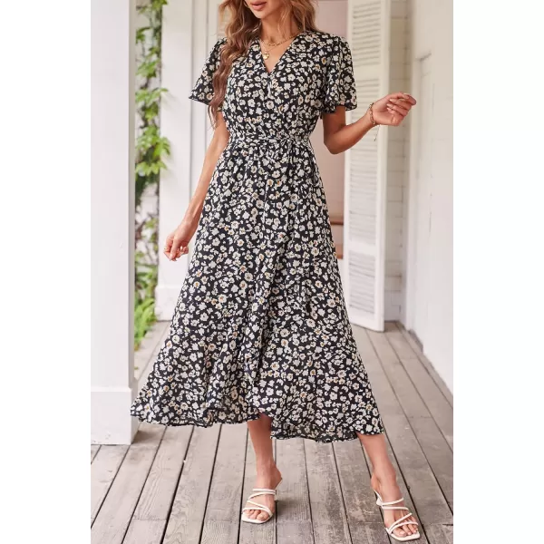 imagePRETTYGARDEN Womens 2023 Floral Boho Dress Wrap V Neck Short Sleeve Belted Ruffle Hem ALine Flowy Maxi DressesPrint Black