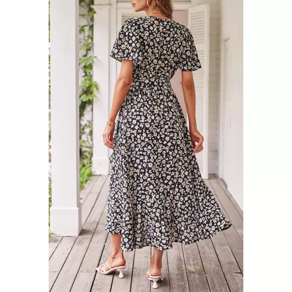 imagePRETTYGARDEN Womens 2023 Floral Boho Dress Wrap V Neck Short Sleeve Belted Ruffle Hem ALine Flowy Maxi DressesPrint Black