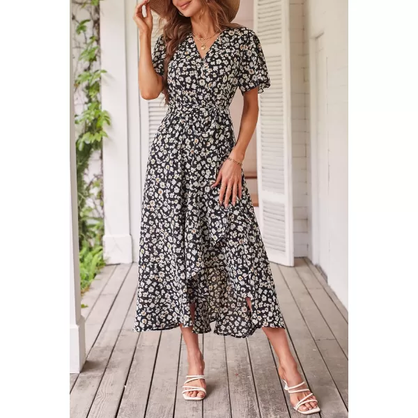 imagePRETTYGARDEN Womens 2023 Floral Boho Dress Wrap V Neck Short Sleeve Belted Ruffle Hem ALine Flowy Maxi DressesPrint Black