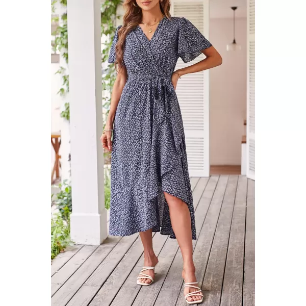 imagePRETTYGARDEN Womens 2023 Floral Boho Dress Wrap V Neck Short Sleeve Belted Ruffle Hem ALine Flowy Maxi DressesPrint Royal Blue