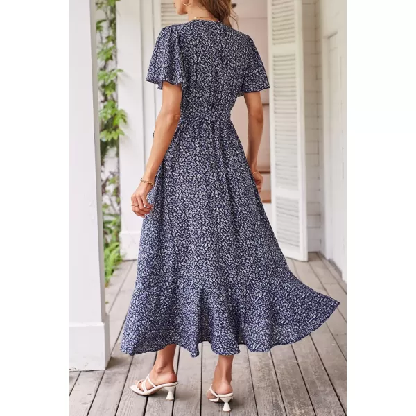 imagePRETTYGARDEN Womens 2023 Floral Boho Dress Wrap V Neck Short Sleeve Belted Ruffle Hem ALine Flowy Maxi DressesPrint Royal Blue