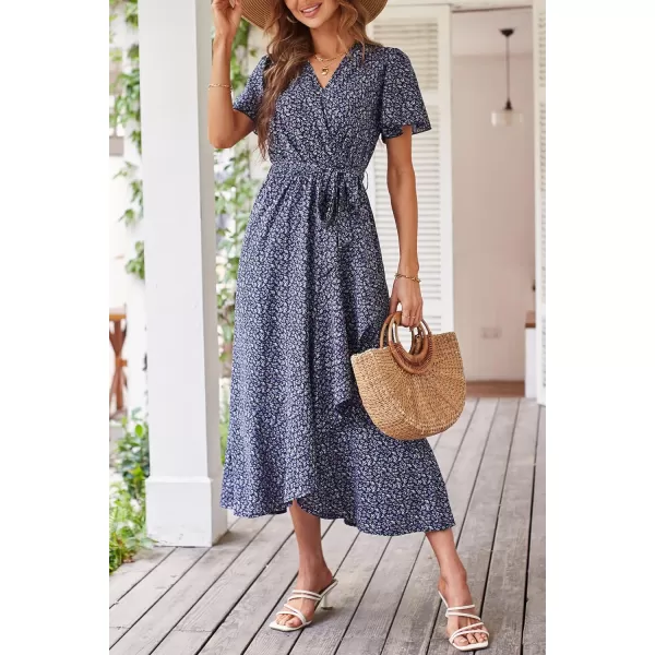 imagePRETTYGARDEN Womens 2023 Floral Boho Dress Wrap V Neck Short Sleeve Belted Ruffle Hem ALine Flowy Maxi DressesPrint Royal Blue