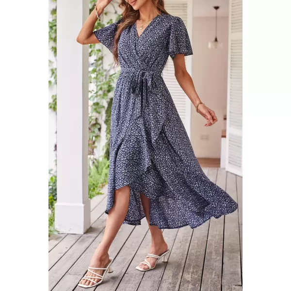 imagePRETTYGARDEN Womens 2023 Floral Boho Dress Wrap V Neck Short Sleeve Belted Ruffle Hem ALine Flowy Maxi DressesPrint Royal Blue