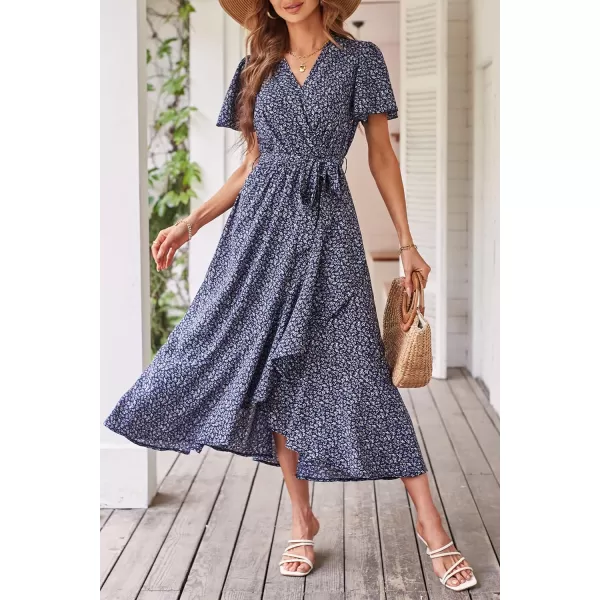 imagePRETTYGARDEN Womens 2023 Floral Boho Dress Wrap V Neck Short Sleeve Belted Ruffle Hem ALine Flowy Maxi DressesPrint Royal Blue