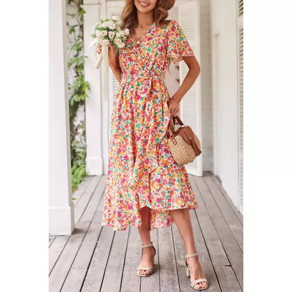 imagePRETTYGARDEN Womens 2023 Floral Boho Dress Wrap V Neck Short Sleeve Belted Ruffle Hem ALine Flowy Maxi DressesPrint White Pink