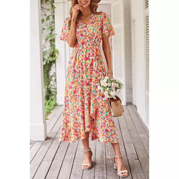 imagePRETTYGARDEN Womens 2023 Floral Boho Dress Wrap V Neck Short Sleeve Belted Ruffle Hem ALine Flowy Maxi DressesPrint White Pink
