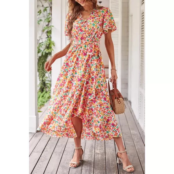 imagePRETTYGARDEN Womens 2023 Floral Boho Dress Wrap V Neck Short Sleeve Belted Ruffle Hem ALine Flowy Maxi DressesPrint White Pink